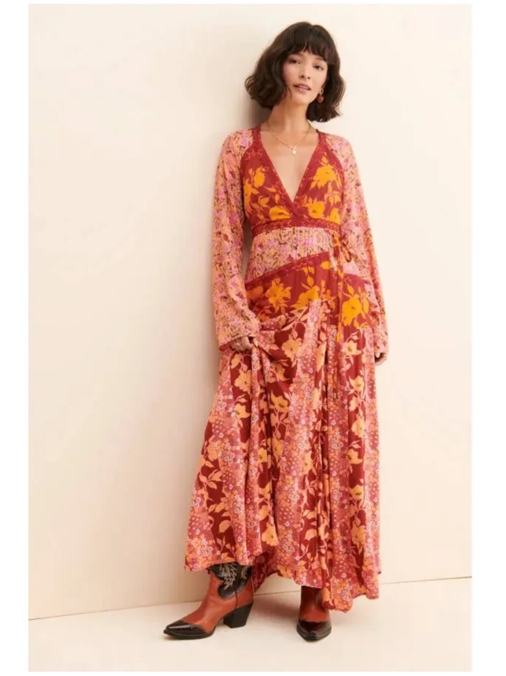 Free People Mixed Floral Boho Wrap Maxi Dress in Rust and Pink, Size M, NWT